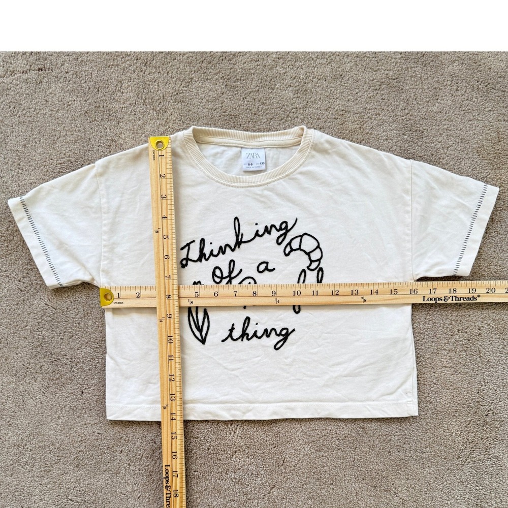 Zara Graphic T-Shirt‎ Kids 8-9 Cream Good Peaceful Thing Embroidered Croissant - Picture 3 of 8